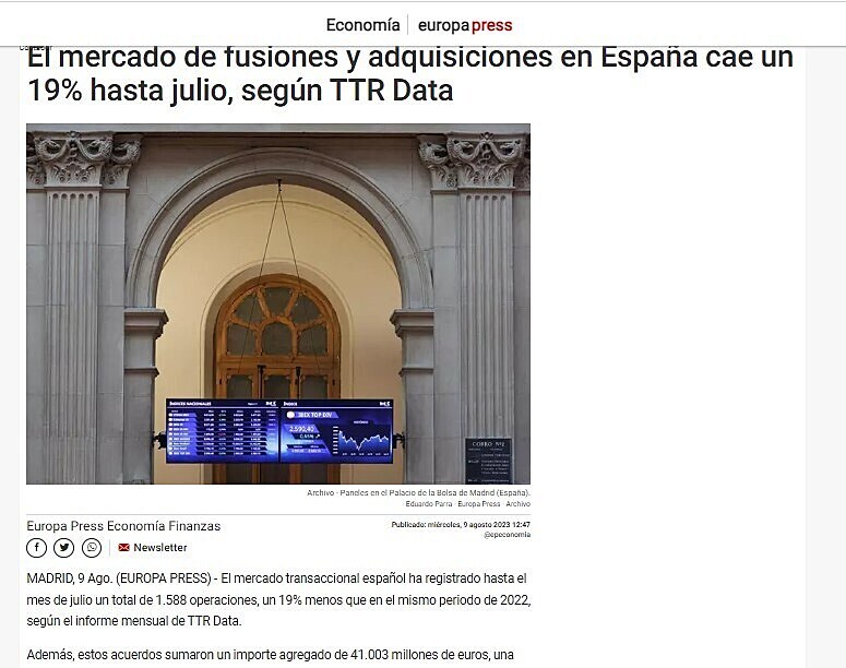 El mercado de fusiones y adquisiciones en Espaa cae un 19% hasta julio, segn TTR Data